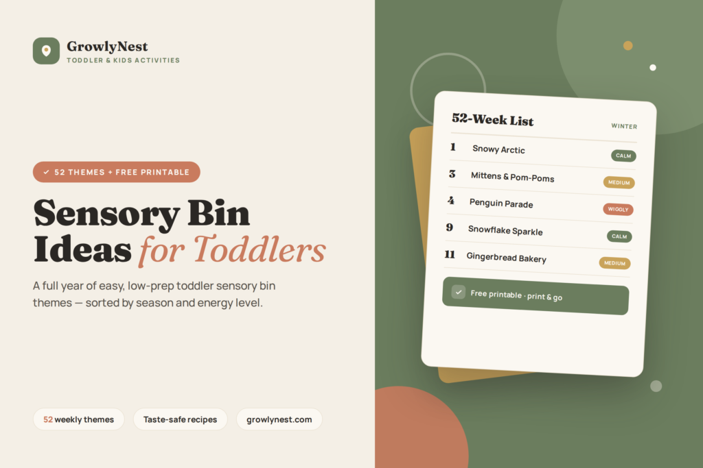 Sensory bin ideas for toddlers — 52-week printable theme list guide